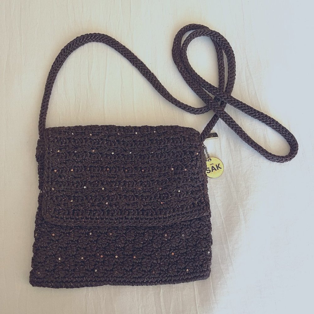 The Sak Crochet Crossbody Bag in Dark Brown with Subtle Sparkle